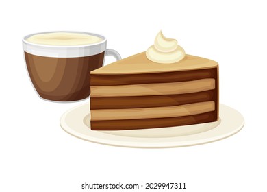 Piece of Chocolate Cake on Plate and Cup of Hot Chocolate Drink Vector Illustration