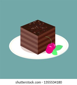 A piece of chocolate cake on white plate. Square dark chocolate sponge cake with confiture, cake sprinkles. Cherries and mint leaves. Illustration of puff jelly from cocoa. Dessert vector