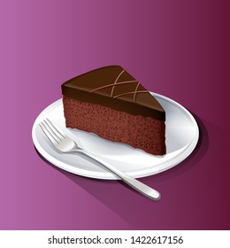 A piece of chocolate cake on white dish and fork