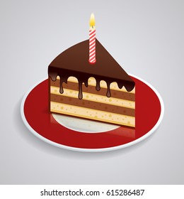 A piece of chocolate cake with one candle on a saucer. Celebrating the birthday of 1 year. The food is sweet. Isometric Piked. Isolated vector on white background