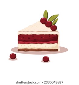 A piece of chocolate cake with red currants and vanilla filling. Vector illustration. Hand-drawn.