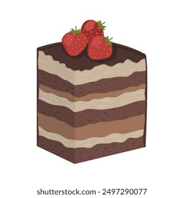 a piece of chocolate cake in a section decorated with strawberries	