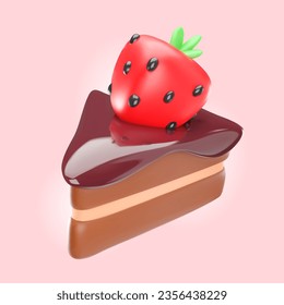A piece of chocolate cake with strawberries. 3d vector illustration of a piece of cake. Tasty birthday food. Homemade cakes.