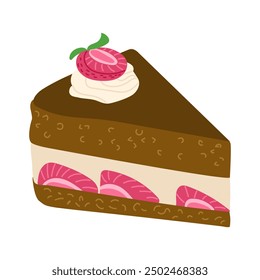 Piece of chocolate cake with strawberries and whipped cream in flat style. Vector flat birthday illustrations isolated on white background. Good for decoration, sticker and logo. Birthday concept