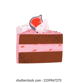 Piece of chocolate cake vector illustration. Cartoon slice of sweet dessert for birthday party with layers of brown biscuit and pink mousse cream isolated on white. Confectionery, bakery concept