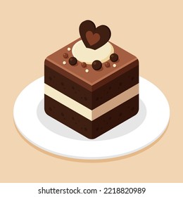 Piece of chocolate cube cake topping with chocolate ball on plate or dish. Delicious sweet dessert concept. Isometric food icon. Cute cartoon vector illustration element. Symbol of sweets. Cafe menu.