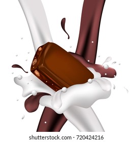 A piece of chocolate with nuts in the milk. Vector.