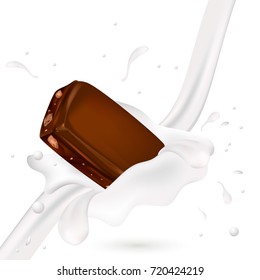 A piece of chocolate with nuts in the milk. Vector.