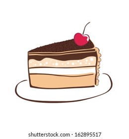 Piece of a chocolate pie with cream and cherry. Vector illustration