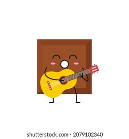 A piece of chocolate plays the guitar sings cute character cartoon sweet food delicious dessert smiling face happy joy emotions vector illustration.