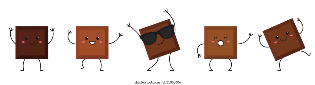 A piece of chocolate set character cartoon smiling face happy sweet emotions  dark milky dance moves delicious dessert vector illustration.