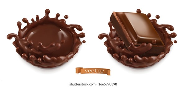 Piece of chocolate and chocolate splash. 3d vector realistic food illustration