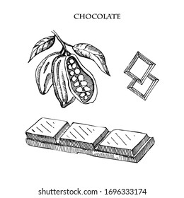 A piece of chocolate vector set illustration.Vintage ink hand drawn desert, isolated on white background.Isolated cooking object.Cocoa beans vector set illustration.
