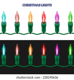A piece of Christmas garland of shining lights. Isolated on white and black background.  Vector illustration
