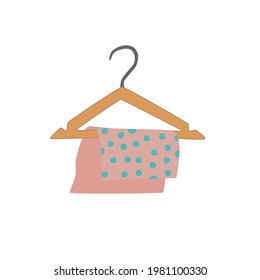 A piece of cloth hangs on a hanger. Isolated textile icon. Vector illustration of fashion, a symbol of a clothing store.