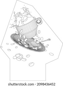 a piece of coffee with beans on a saucer with a spoon in flight