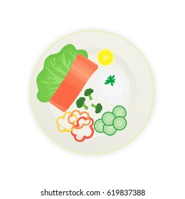 Piece of cooked salmon on a plate with rice and vegetables. Vector illustration. 