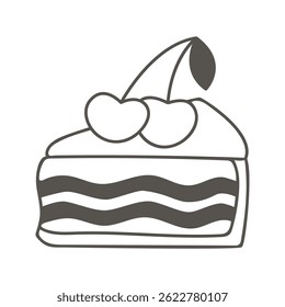 Piece of cream cake with cherries, hand drawn ink illustration. Simple icon sweet homemade pastry doodle sketch style. Black and white slice of berry cake, vector element