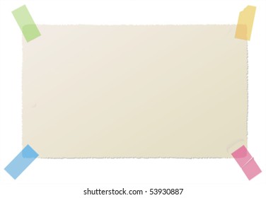 Piece of cream paper with rough edges fixed for four semi-transparent colored stickers on a white background.
