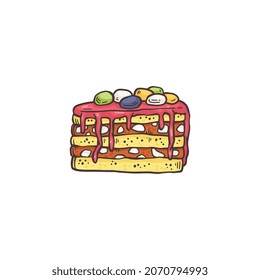 Piece of delicious cake with berries topping and jam, sketch vector illustration isolated on white background. Sweet baked dessert cartoon hand drawn icon or symbol.