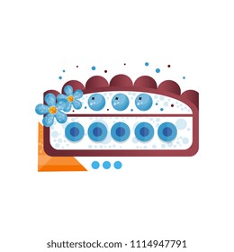 Piece of delicious cake with blueberries and flowers on top vector Illustration on a white background
