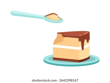 A Piece of Delicious Cake with Chocolate Syrup and a Spoon Ready to Serve
