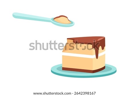 A Piece of Delicious Cake with Chocolate Syrup and a Spoon Ready to Serve