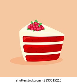 Piece of delicious cake with white cream and red berries. Red velvet cake vector illustration.