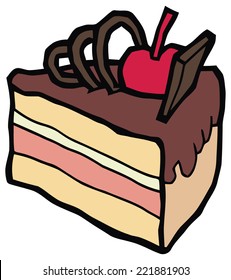Piece of delicious chocolate cake with chunks of chocolate and cherries