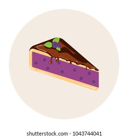 Piece of delicious fresh blackcurrant cake or cheesecake with mint and berries on top. Flat vector dessert illustration. Slice of cake icon. Homemade tasty sweet berry pie symbol sign. Cooking baking