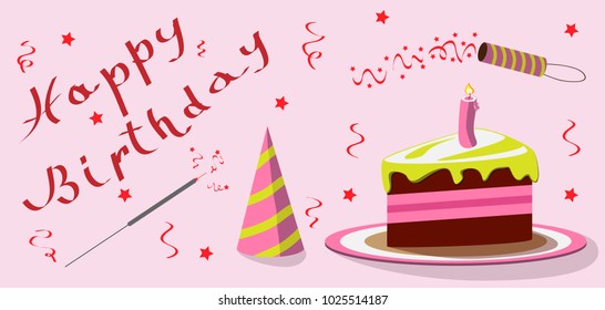 A piece of delicious pie with candles on your birthday. Vector illustration.