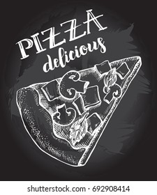 A piece of delicious pizza with ham, champignons and basil. Food elements. Vector ink hand drawn illustration. Menu, signboard template with modern brush calligraphy style lettering.