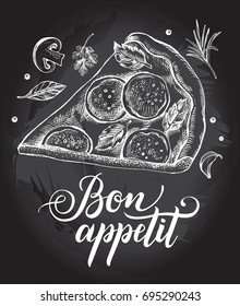 A piece of delicious pizza with pepperoni and basil. Food elements. Vector ink hand drawn illustration. Menu, signboard template with modern brush calligraphy style lettering.