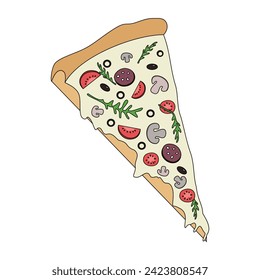 Piece of delicious pizza with sausage, mushrooms, tomatoes, olives, herbs, cheese. Italian fast food cuisine. Style is flat cartoon. Hand drawn vector illustration on white background for menu, print.