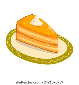 Piece of delicious pumpkin pie with whipped cream on a plate. Vector illustration in cartoon style.