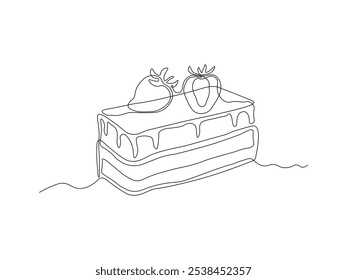 piece of dessert , cake with berries. continuous single line art drawing sketch, logo