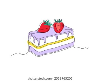 piece of dessert , cake with berries. continuous single line art drawing sketch, logo