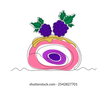piece of dessert , cake, roll with berries. continuous single line art drawing sketch, logo