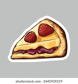 A piece of dessert pie with cream and jam, decorated with strawberries.