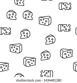 Piece Of Diary Cheese Seamless Pattern Vector. Collection Of Delicious Snack Variety Of Cheese Monochrome Texture Icons. Healthy Milk Breakfast Food Product Template Flat Illustration