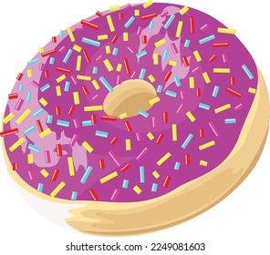 A piece of donut decorated with colored glaze sparkling icing on a white background