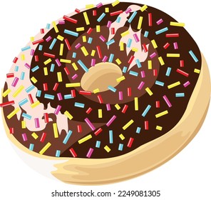 A piece of donut decorated with dark chocolate and sparkles on a white background.