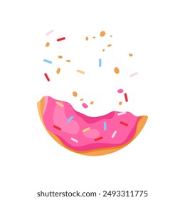 Piece of donut while eating, round cake with pink cream and crumbs vector illustration