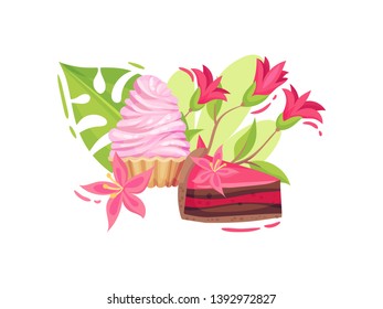 Piece of double-layer cake and a basket of whipped cream. Vector illustration on white background.