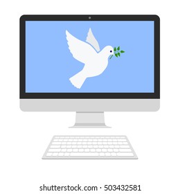 Piece dove on computer screen. Vector flat illustration. Isolated on white background