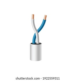 Piece of electric power cable with two wires realistic vector illustration isolated on white background. 3d template of electrical two conductor connection cable.