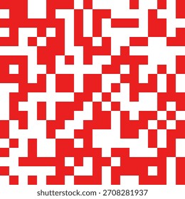 The piece features a vibrant grid of red blocks on a white canvas. It balances order and chaos, achieving a modern aesthetic.