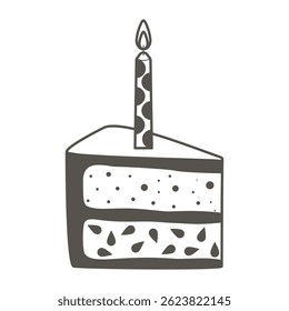 Piece of festive cake with burning candle clip art illustration. Sponge cake with cream filling in section doodle sketch style. Monochrome triangular piece of festive cake, vector element