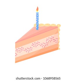 A piece of a festive cake with a candle filled with white chocolate