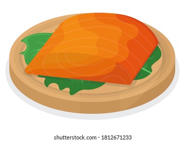 Piece fish tuna salmon, fresh steak tenderloin on wooden kitchen board isolated on white, cartoon vector illustration. Healthy fat seafood stuff icon food. Humpback chunk for grill, meal concept logo.